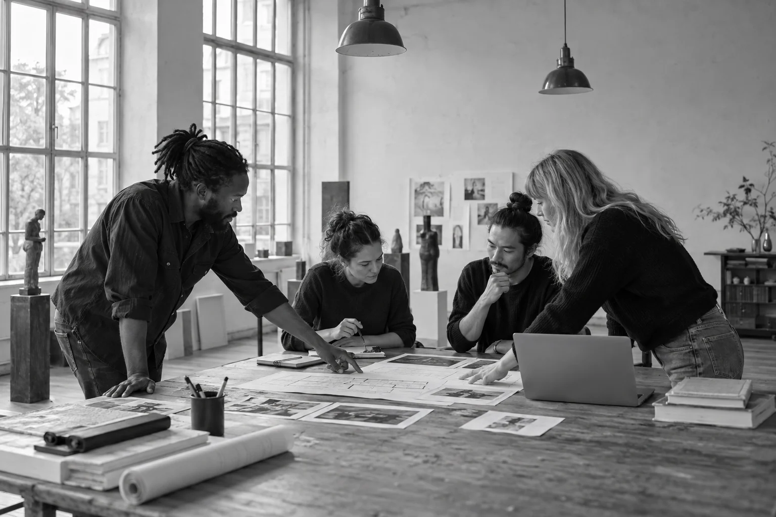Un groupe travaille sur les plans d’un projet d’exposition